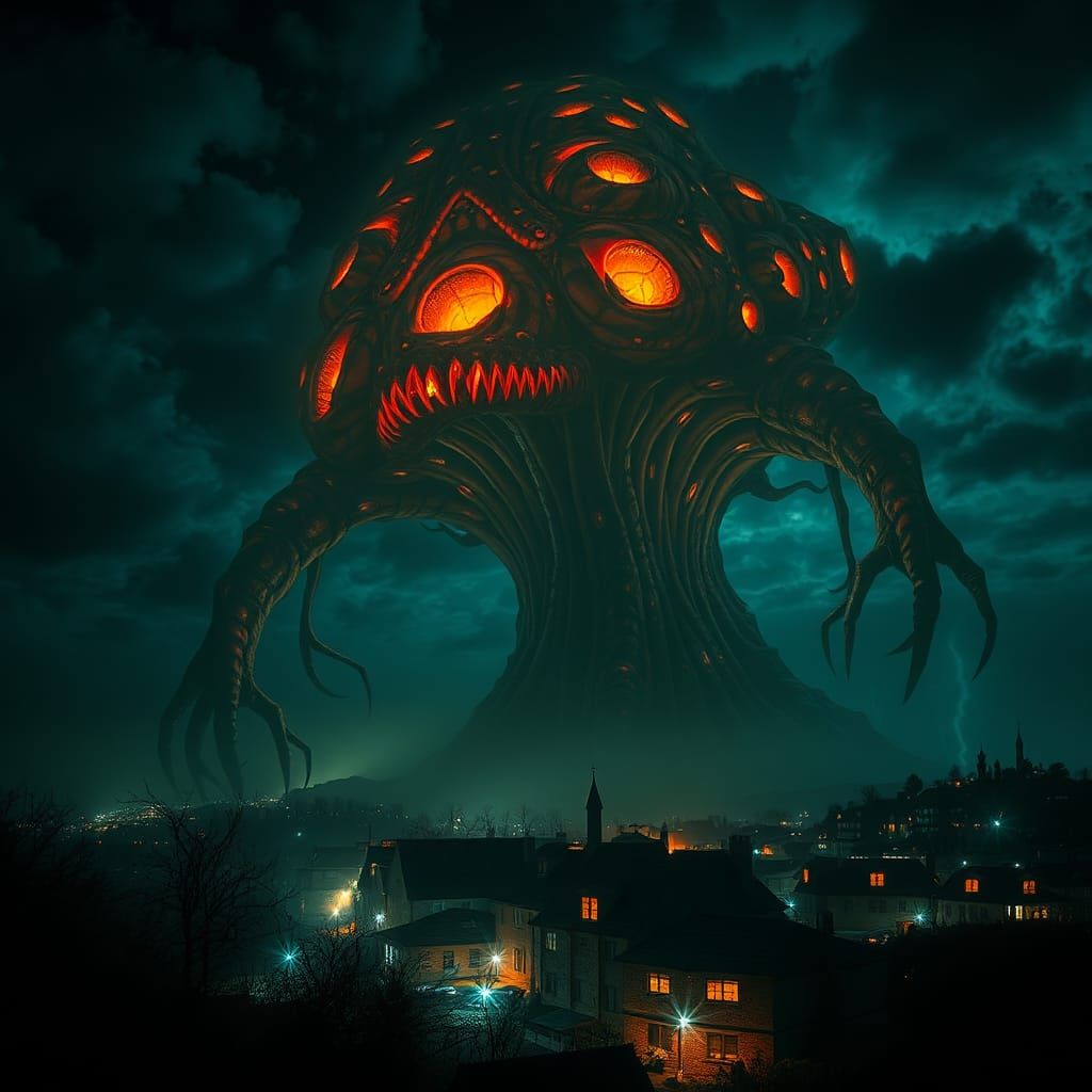 Gigantic Mutant Halloween Pumpkin Over Dark Town