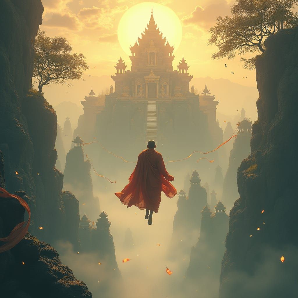 Mystical Monk Meditates Above Floating Temple