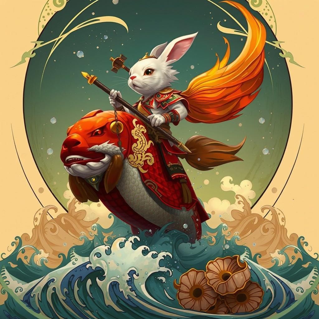 Rabbit Samurai on Koi Fish: Dreamlike Surrealism
