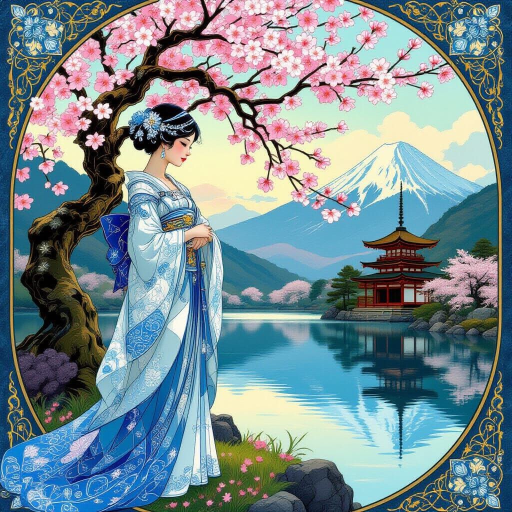 Majestic Jugendstil Girl with Sakura Tree