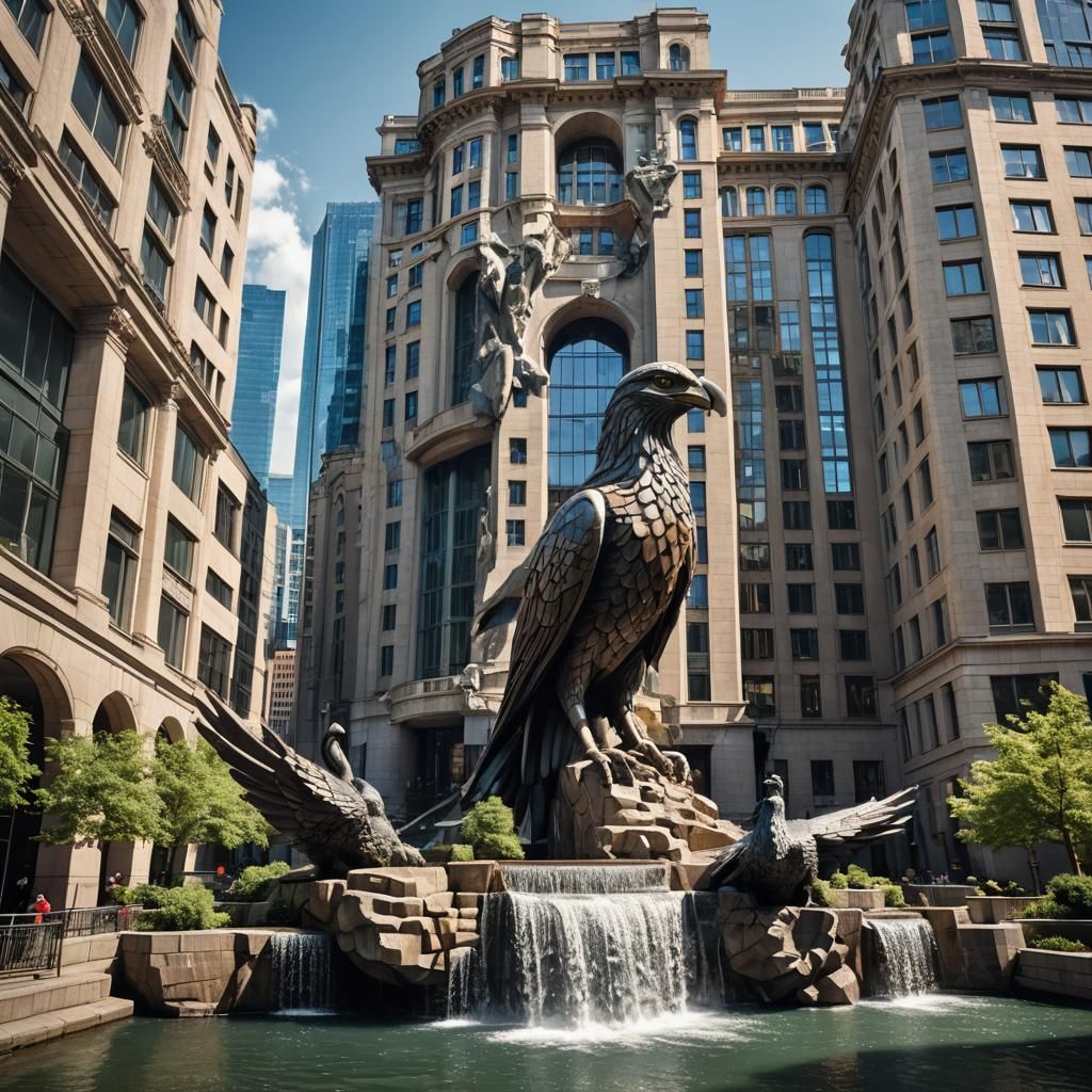 Hyperrealistic Buildings Connected by Bridge and Waterfall