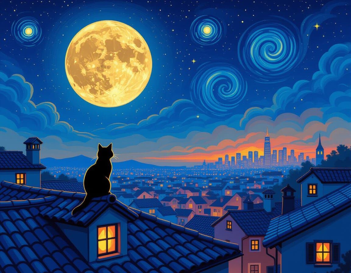 Glowing Cat in Night Sky, Van Gogh Style
