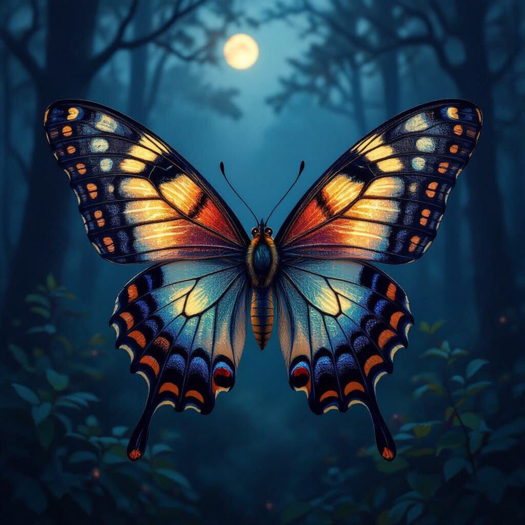 Iridescent Butterfly-Moth Hybrid in Twilight Forest