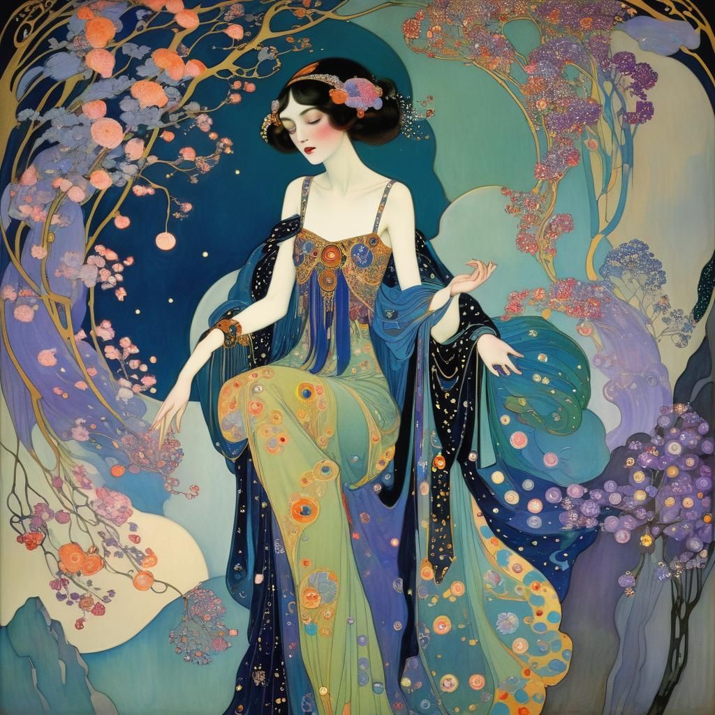 Ethereal Fantasy Scene in Art Nouveau Style