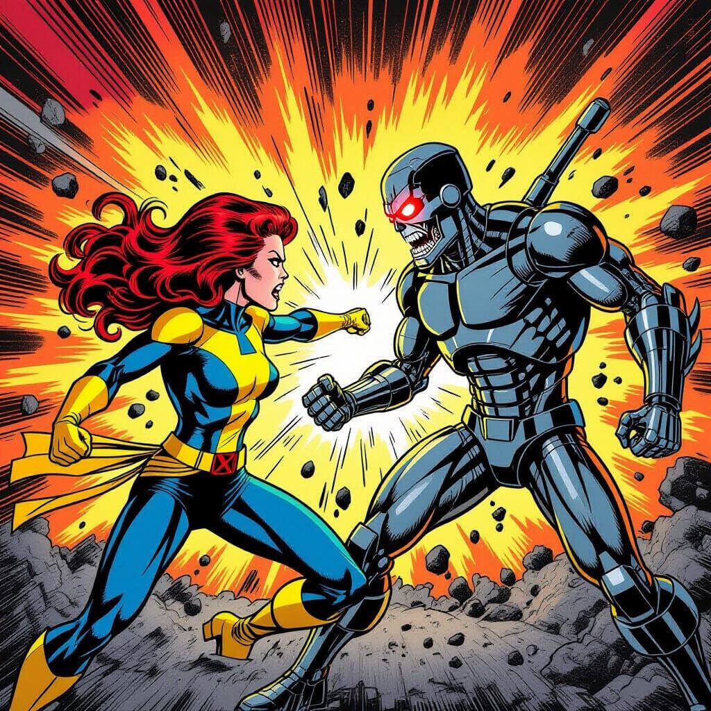Jean Grey Battles Terminator in Retro Comic Style