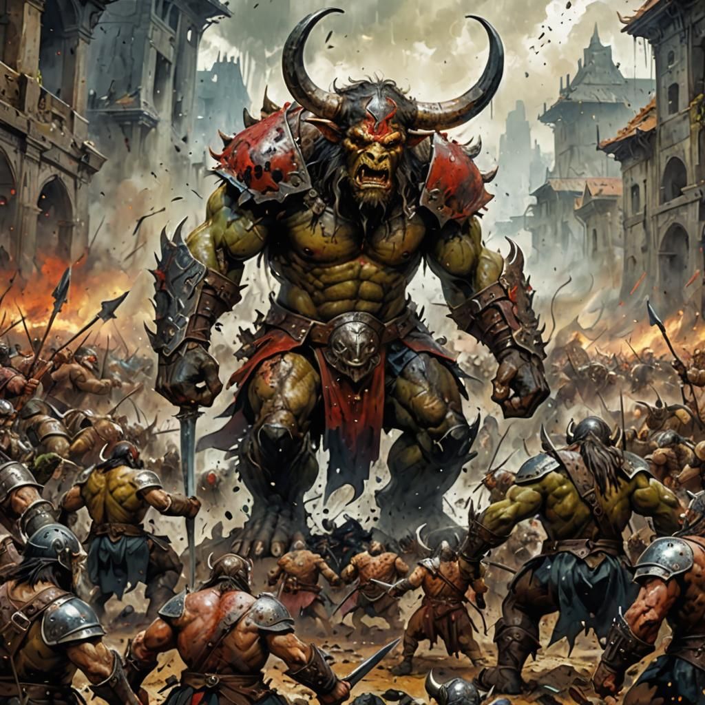 Minotaur Warrior Battles Orcs in Epic Fantasy Art