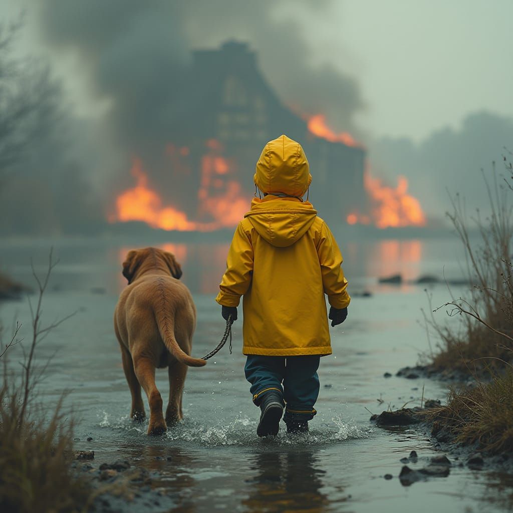 Boy and Dog Walk Away from Fire, Matte Painting