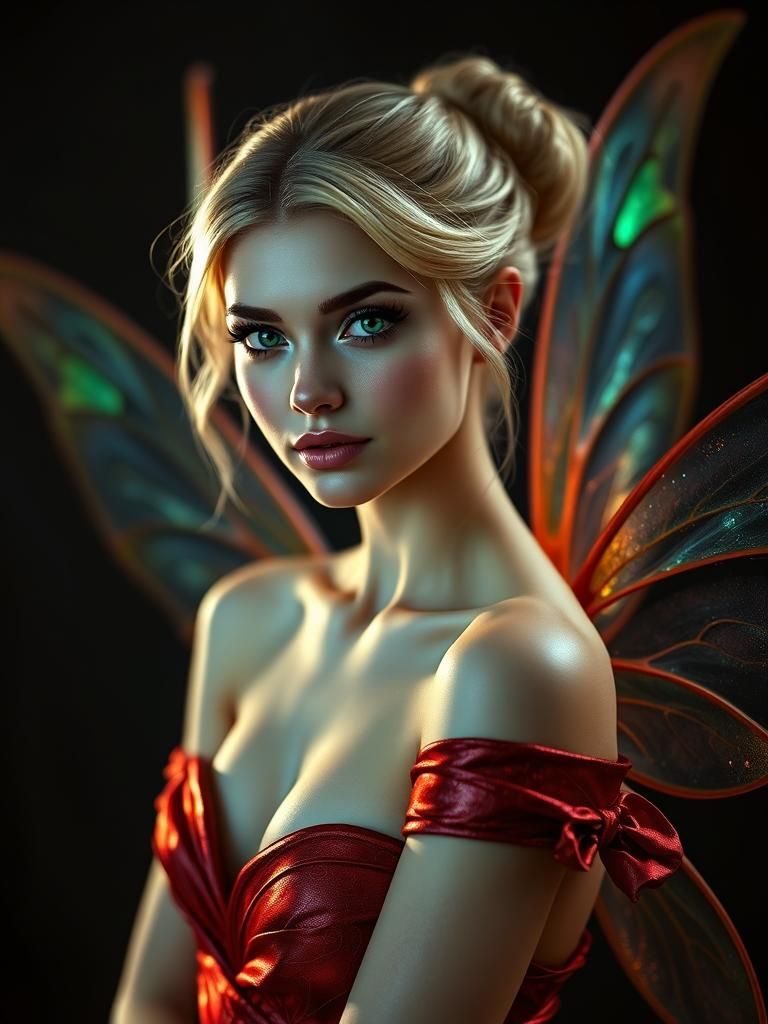 Gorgeous Fairy Queen in Red Dress with Wings
