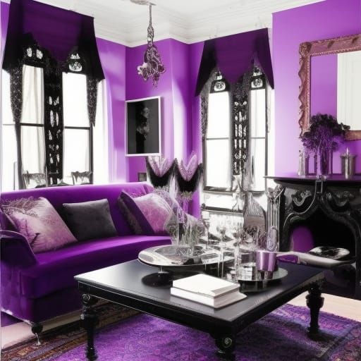 Ethereal gothic living room with black walls& black gothic windows with purple curtains& purple gothic furniture& purple...