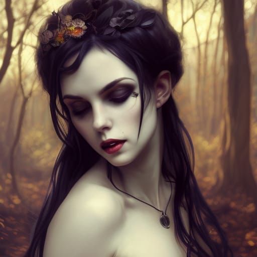 Beautiful Vampire in Autumn Woods, Hyperdetailed Portrait