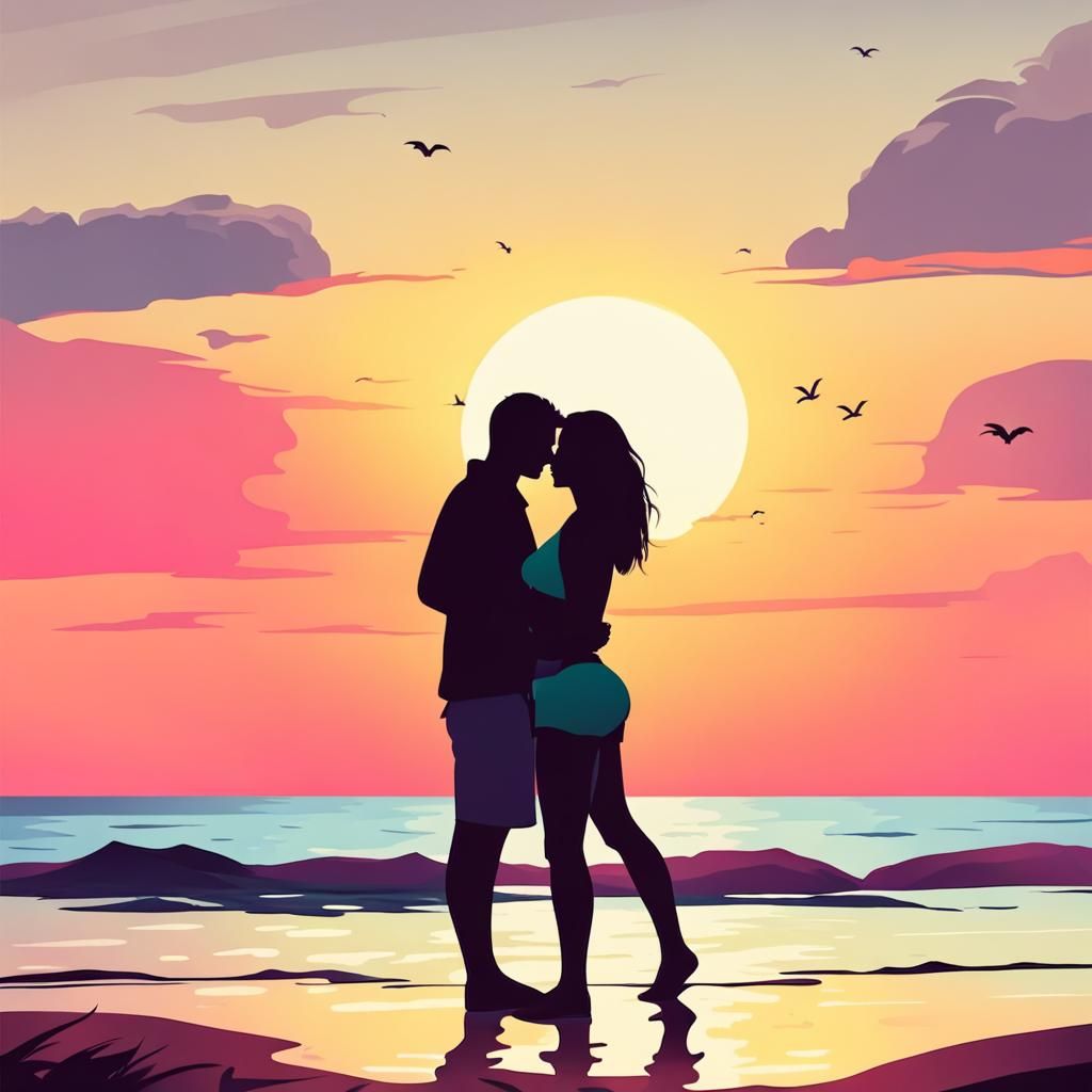 Lovers Embrace on Beach at Sunset