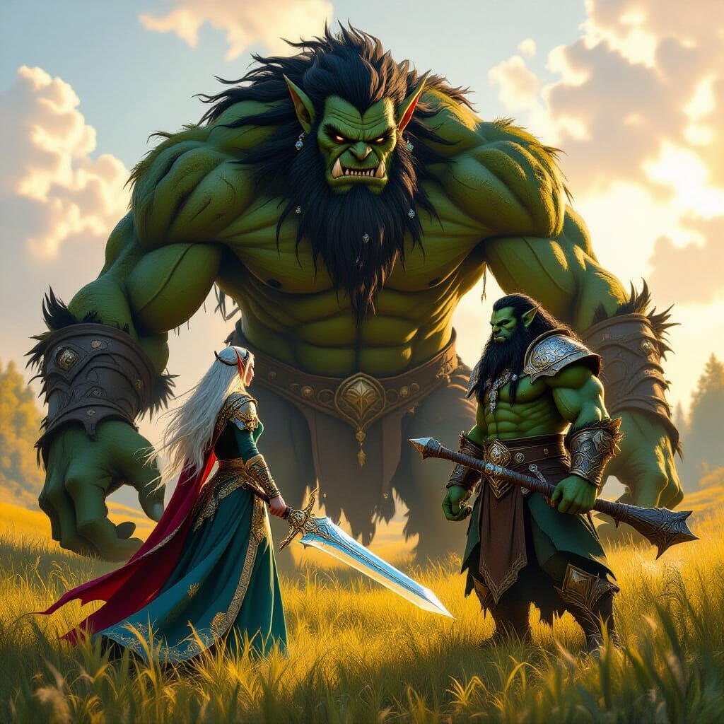 Elf Warrior Confronts Giant Troll in Fantasy Meadow