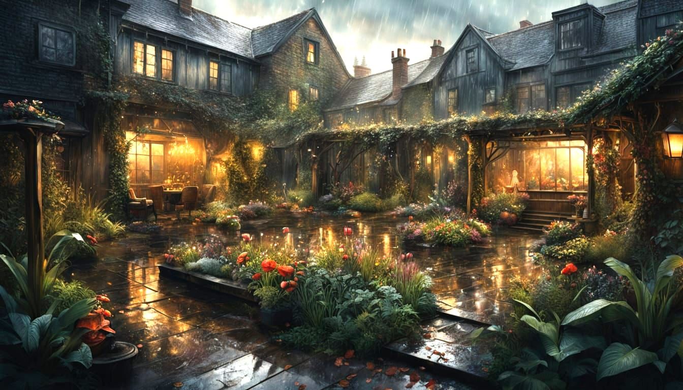 Golden Hour Rain in Lush Summer Garden