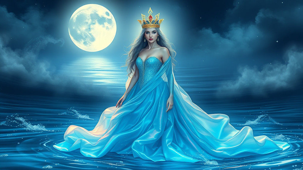 Mystical Water Queen Emerges from Moonlit Lake