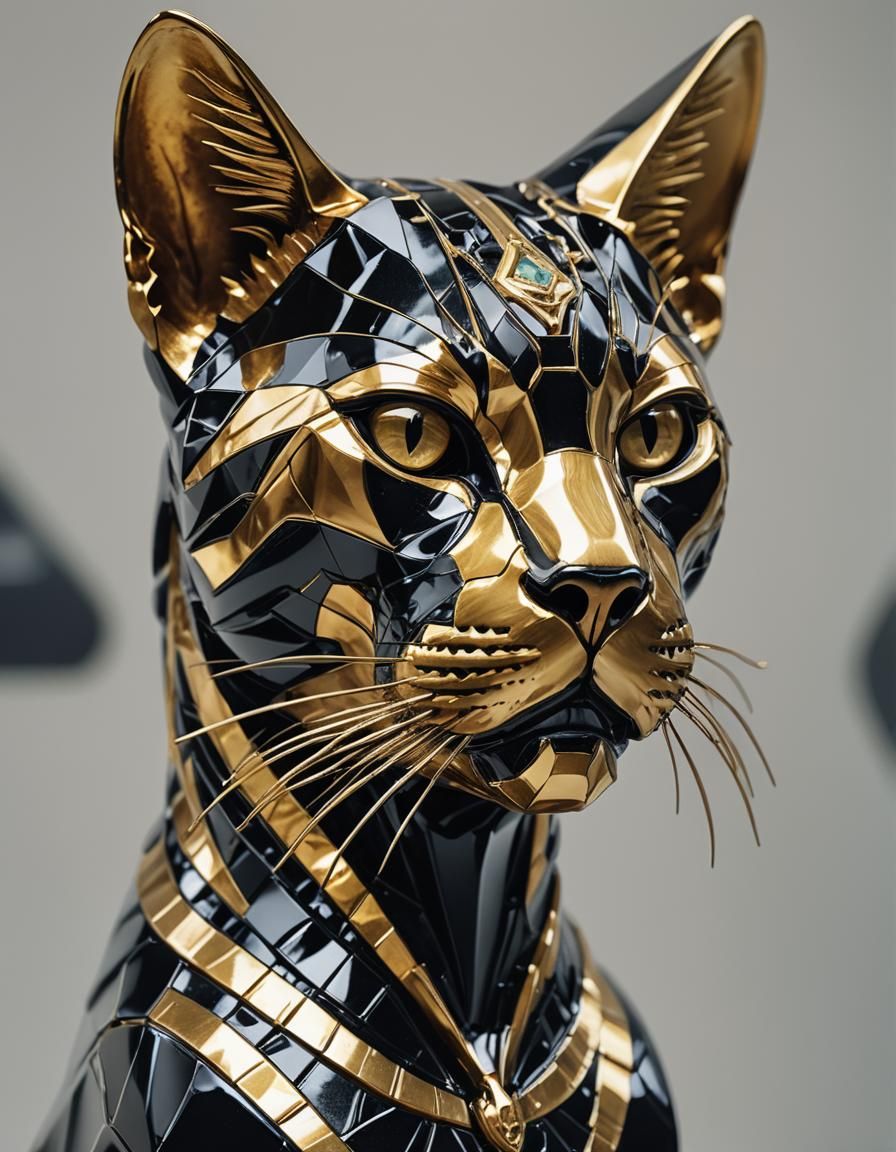 Realistic Egyptian Goddess Cat Head Sculpture in Black and G...