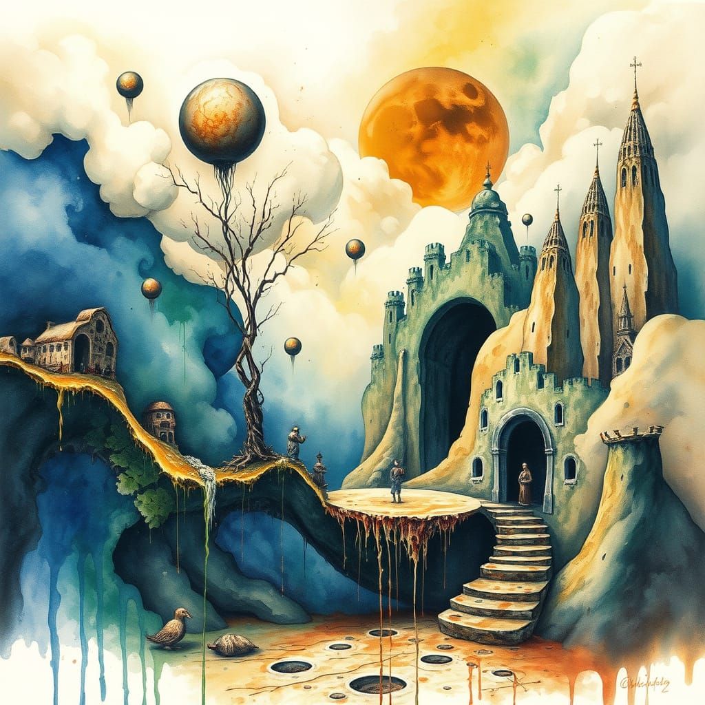 Surreal Dreamscape in Dripping Watercolor
