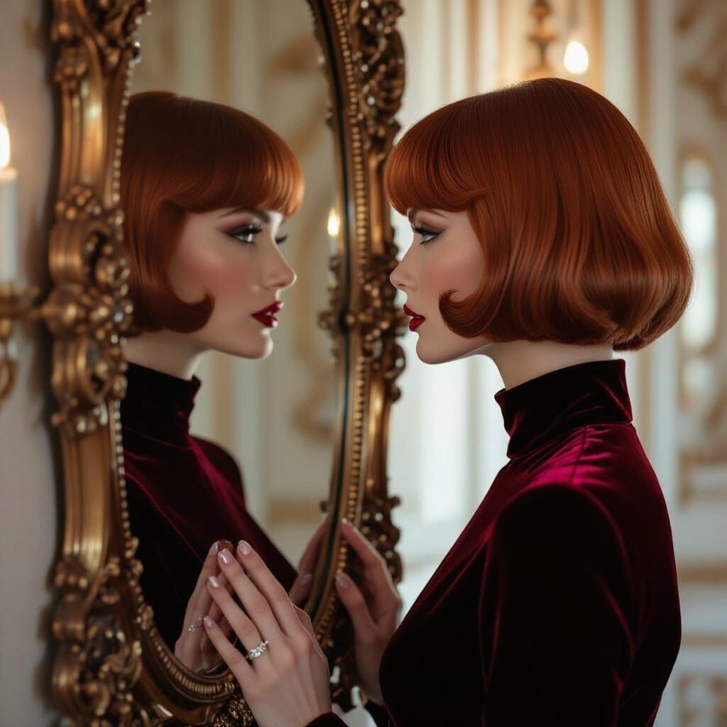 Woman with Red Hair Gazing into Baroque Mirror