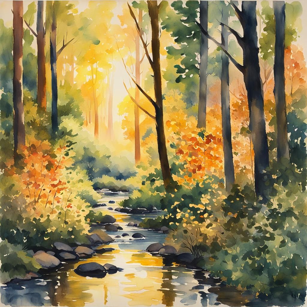 Enchanting Forest Scene in Impressionistic Watercolor