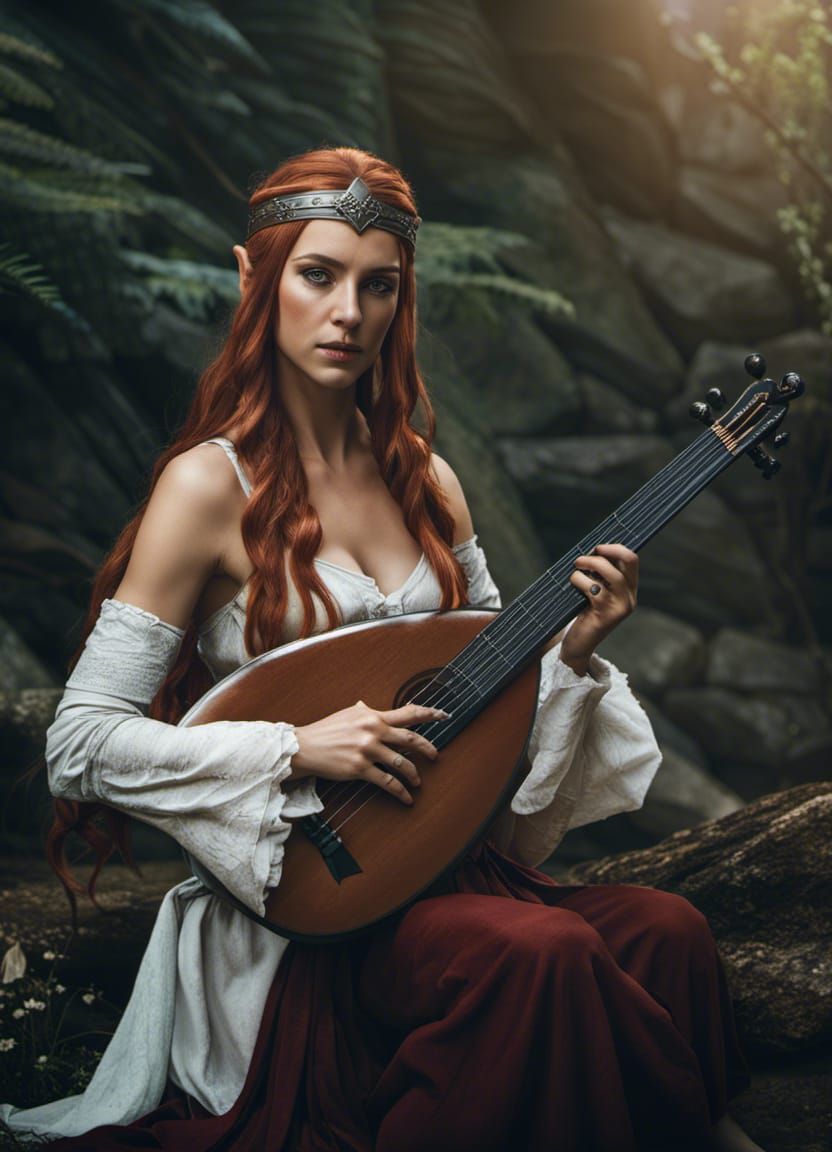 Elven Bard with Lute in Dark Fantasy Style
