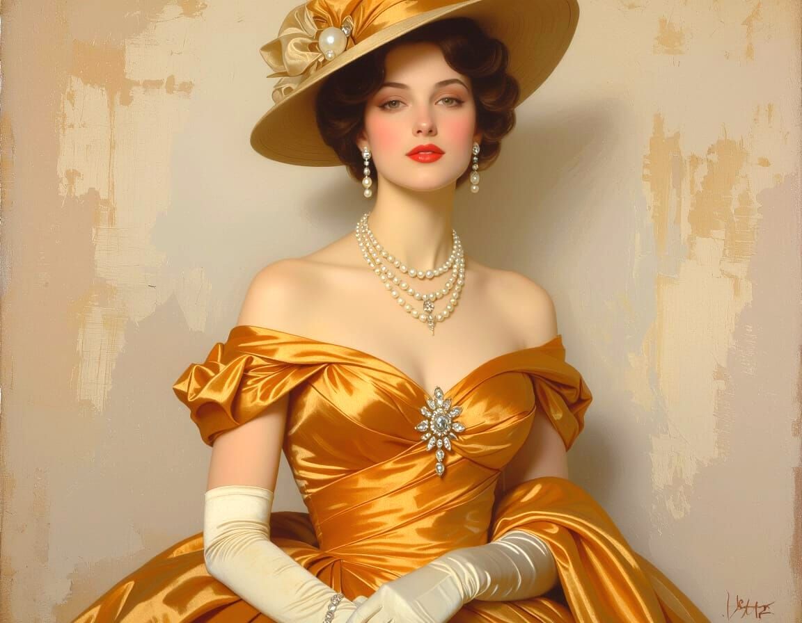Elegant Woman in Ochre Satin Gown, Oil Painting