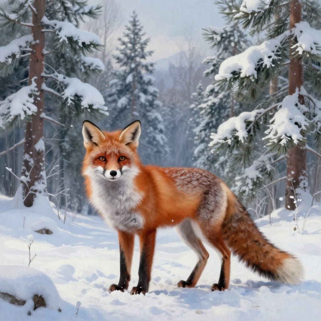 Alert Red Fox in Snowy Pine Forest