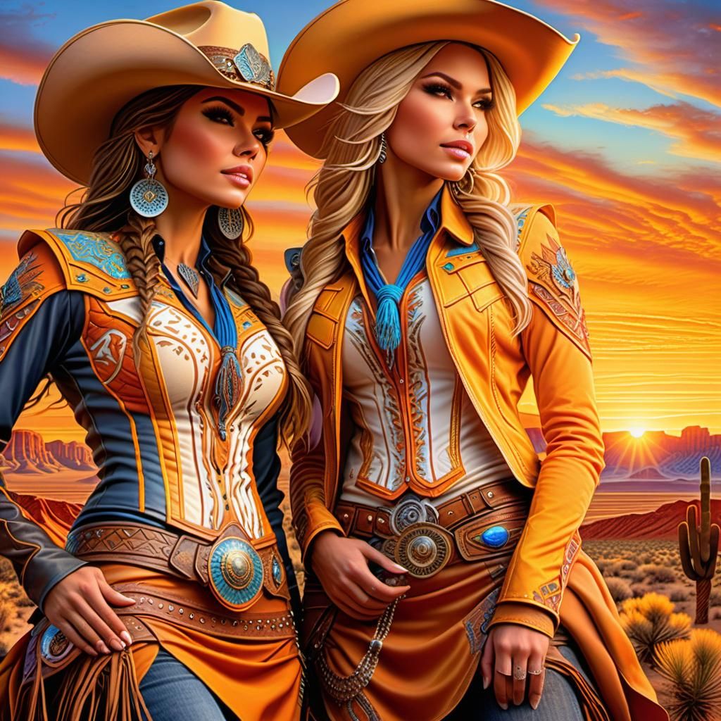 Cowgirls in Desert Canyon Sunset: 3D Render