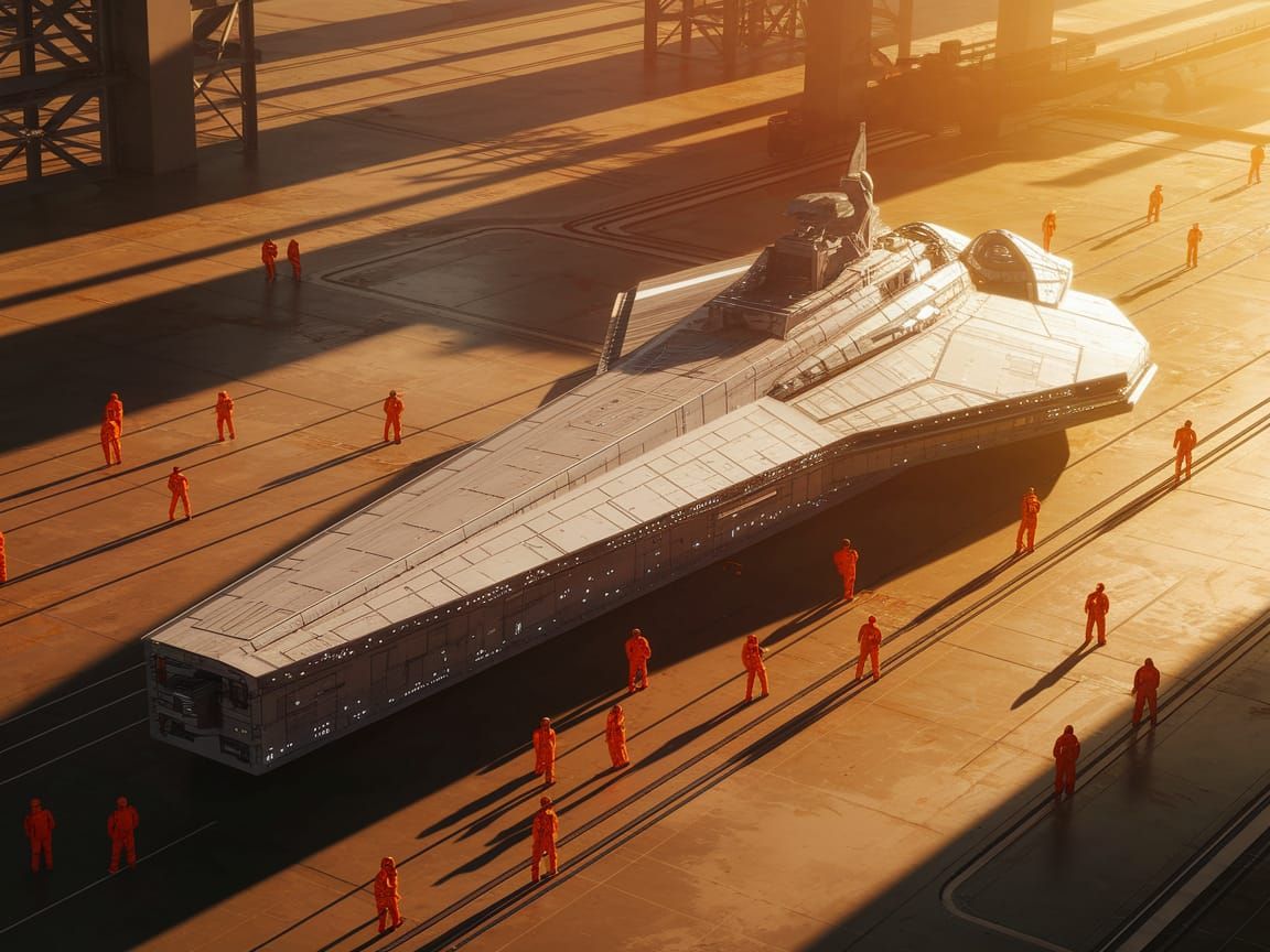 Spacecraft in Shipyard Under Golden Sunlight