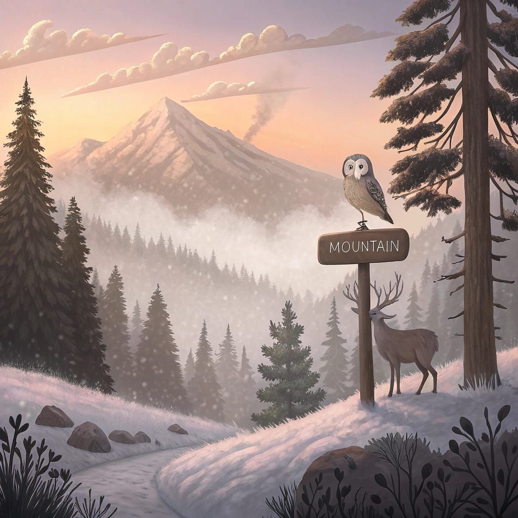 Snowy Mountain Scene with Deer in Impressionist Style