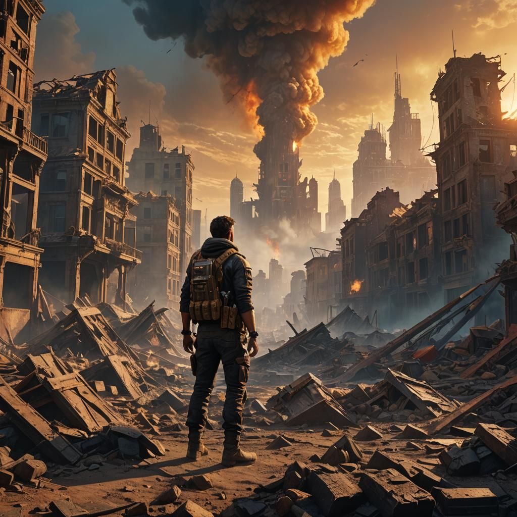 Post-Apocalyptic Man Gazing Skyward in Ruined City