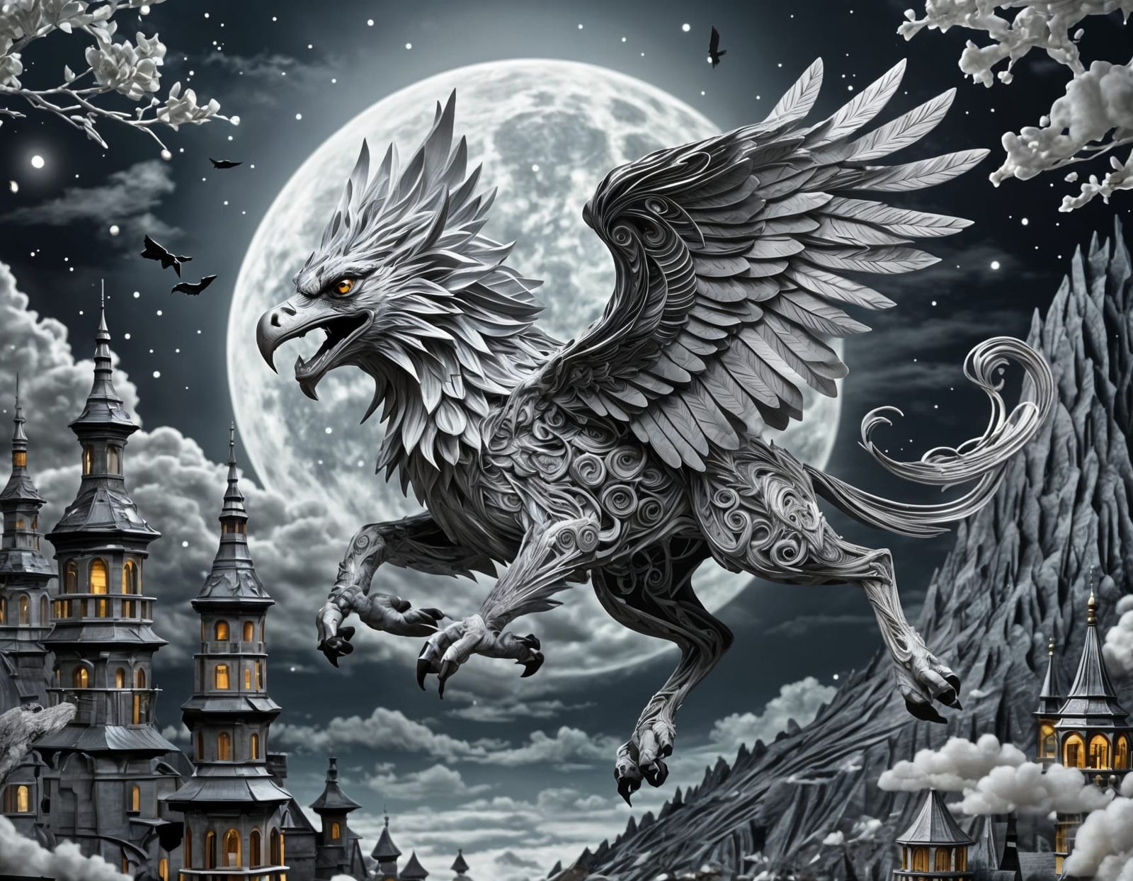 Silver Gryphon Soaring Across the Moon in 3D Quilling