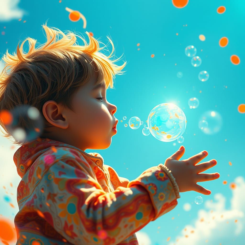 Child Blowing Bubbles into Blue Sky: Splash Art