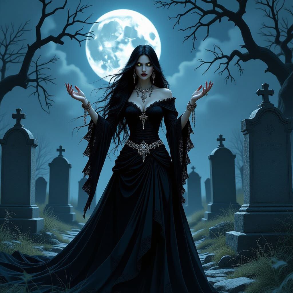 Ethereal Gothic Woman in Moonlit Cemetery