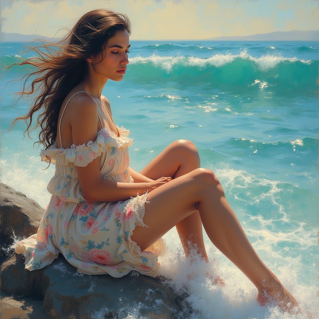 Serene Sea Goddess in Vibrant, Dreamy Landscape