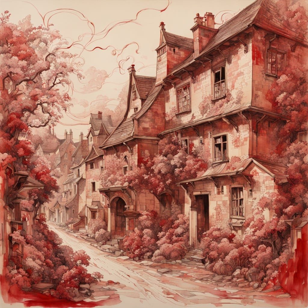 Idyllic Village Street in Red and Beige Tones