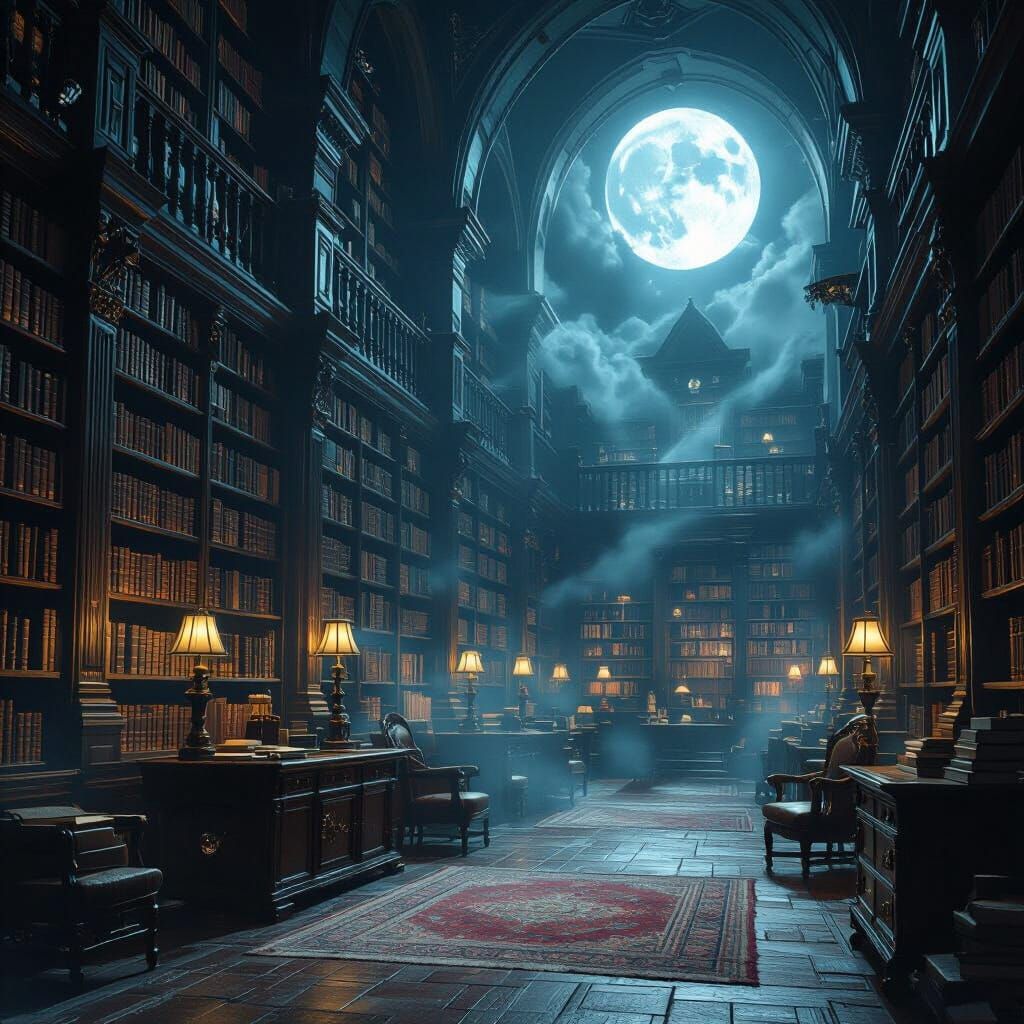 Mystical Moonlight Library in Painterly Style