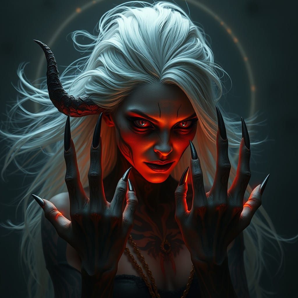 Demonic Woman Emerges from Dark Ominous Atmosphere