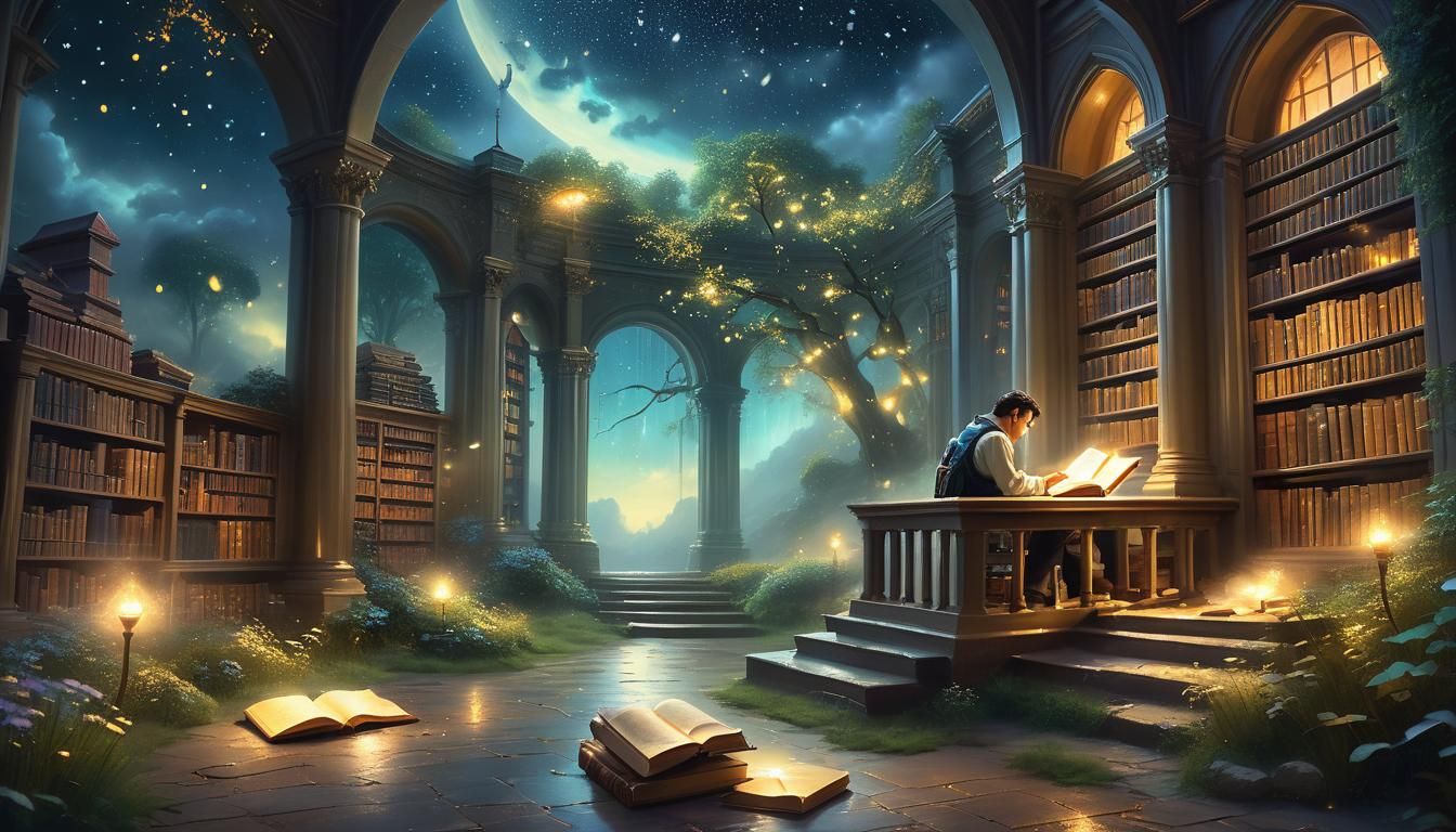 Ethereal Fantasy Landscape with Moonlit Library
