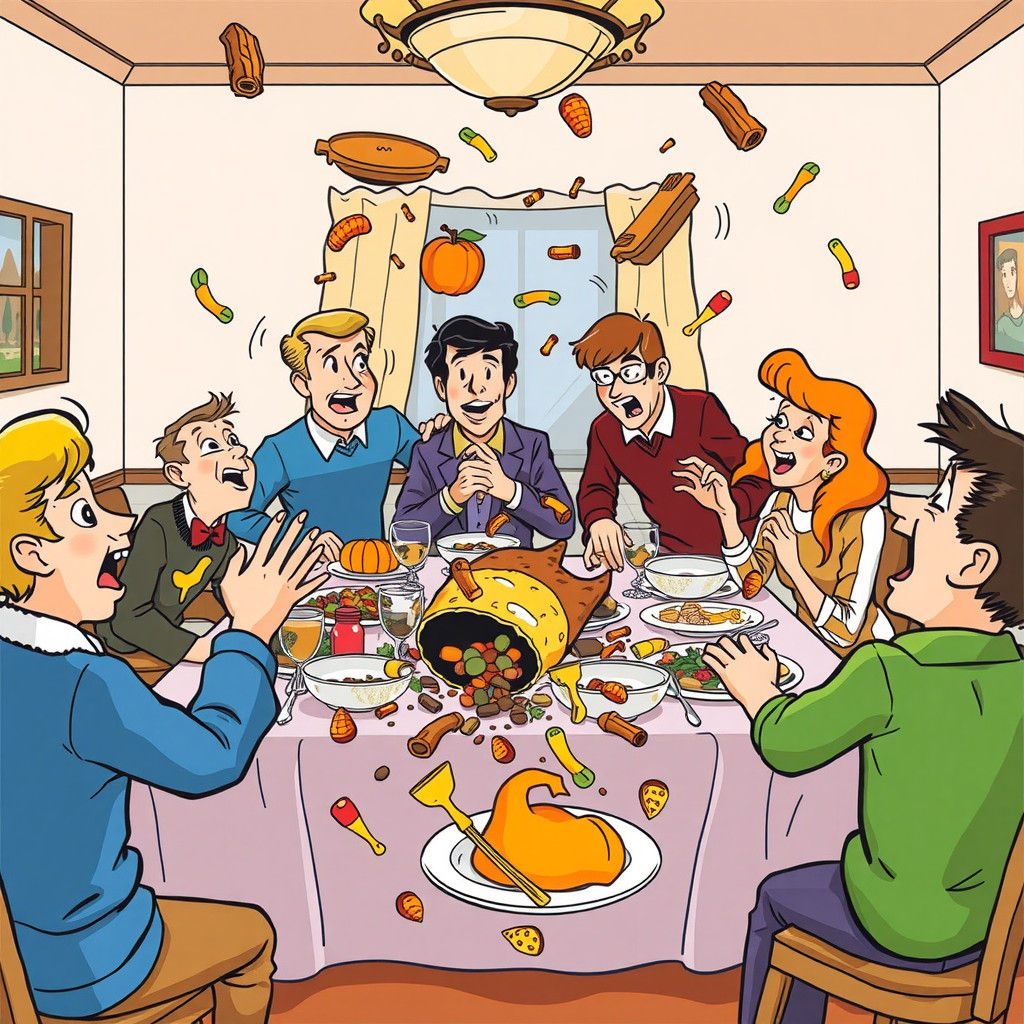 Chaotic Thanksgiving Dinner in Hanna-Barbera Style