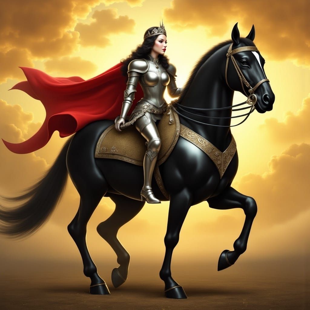 Charming Female Knight Rides Majestic Black Stallion Under G...