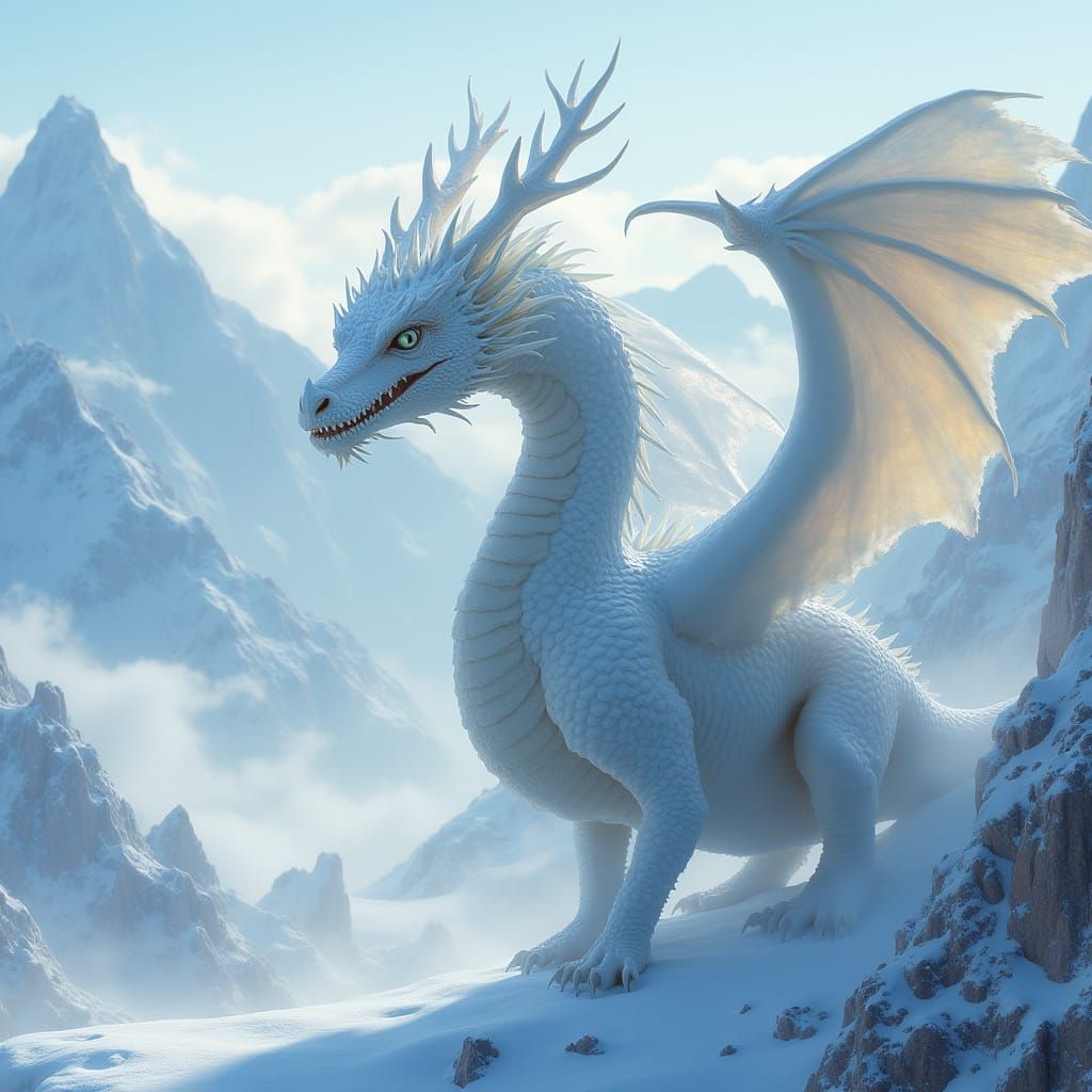 Ethereal Ice Dragon in Majestic Mountain Landscape