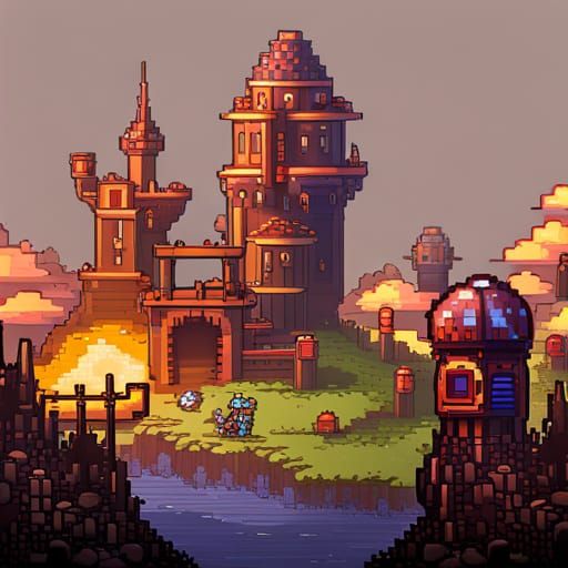 Solarpunk Mushroom Village with Castle in Pixel Art