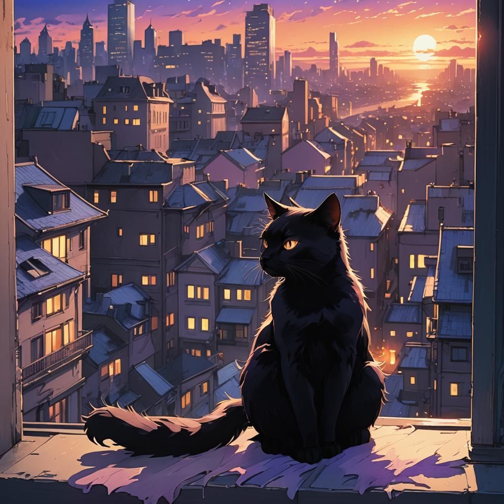 Black Cat Girl on Windowsill in Anime Style