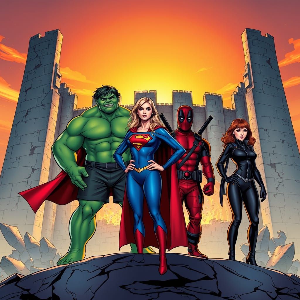 Superheroes Stand Tall in Front of a Radiant Ruined Castle