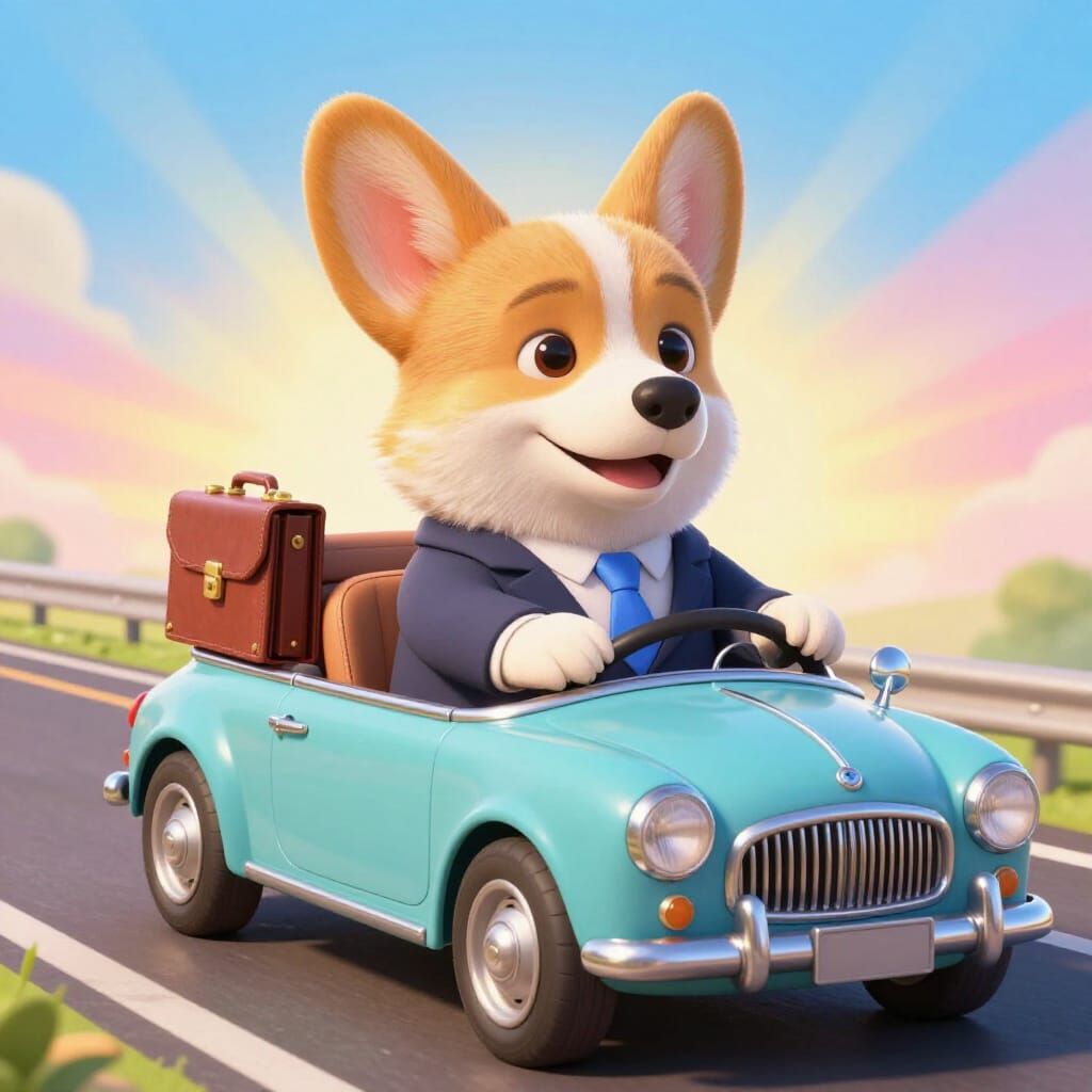 Distinguished Corgi Drives Convertible to Work in 3D Style