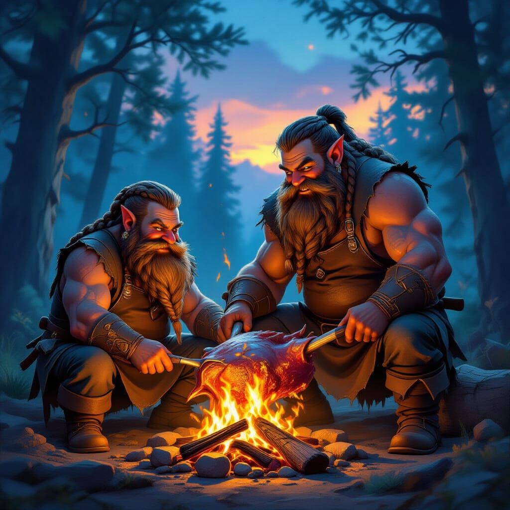 Dwarf and Giant Cook Elk Over Campfire in Mystical Forest