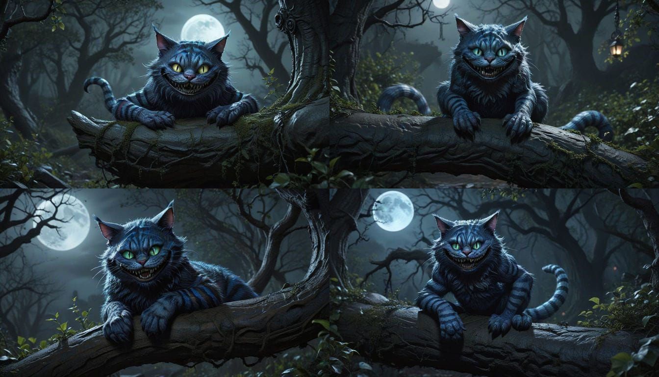Eldritch Cheshire Cat Sits in Haunting Wonderland Scene