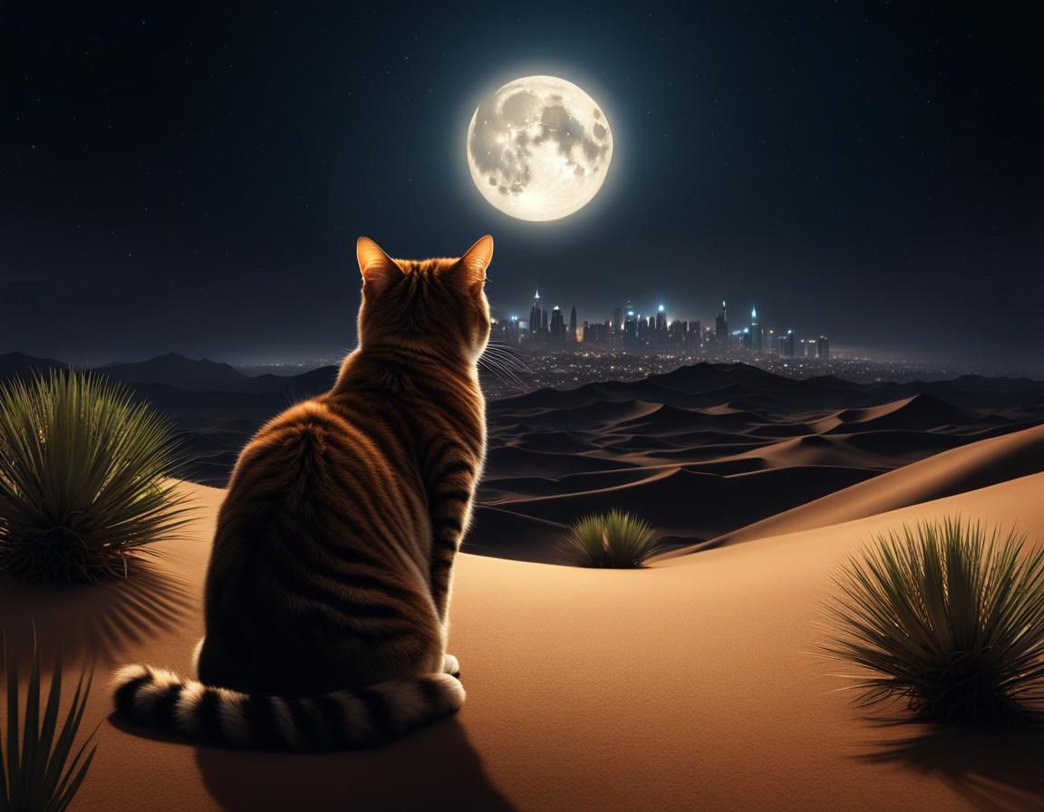 Cat Gazing at Medieval City in Desert Night