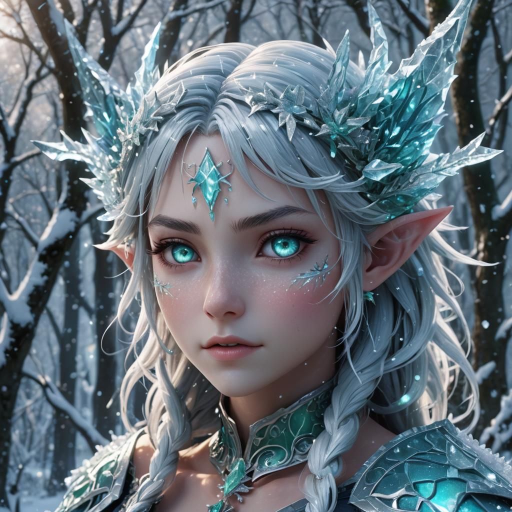 Icy Elf Warrior in Snowy Forest, Anime Art
