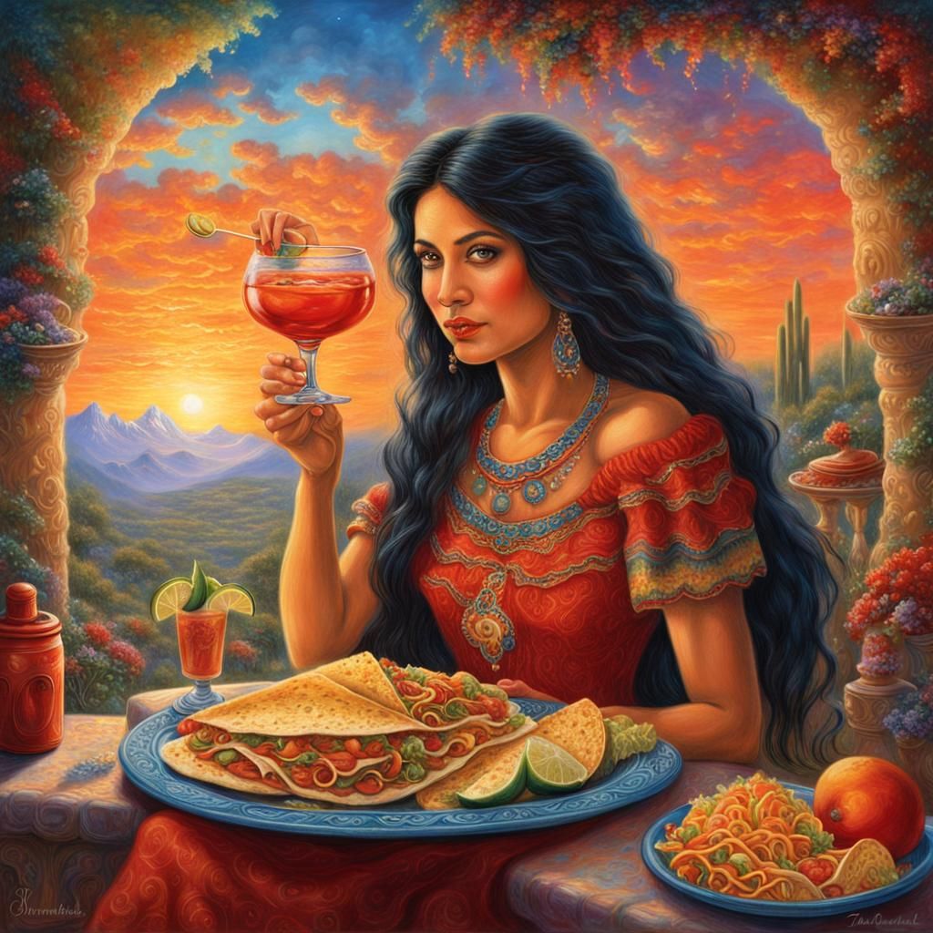Woman Toasts With Tequila Sunrise, Fantasy Art
