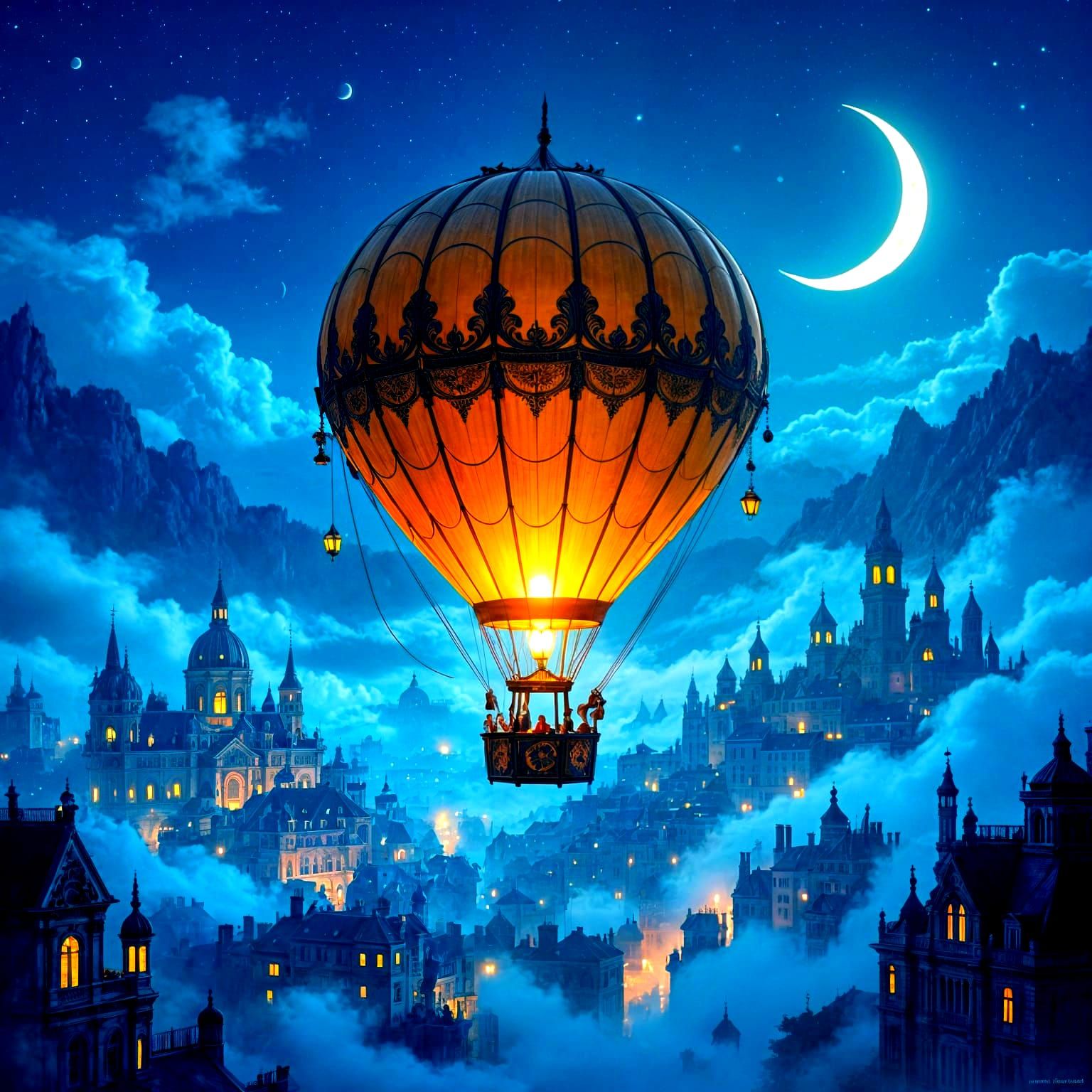 Antique Hot Air Balloon Over Victorian City Twilight